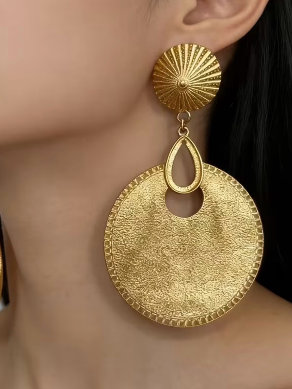 Textured Gold Drop Circle Earrings for Women